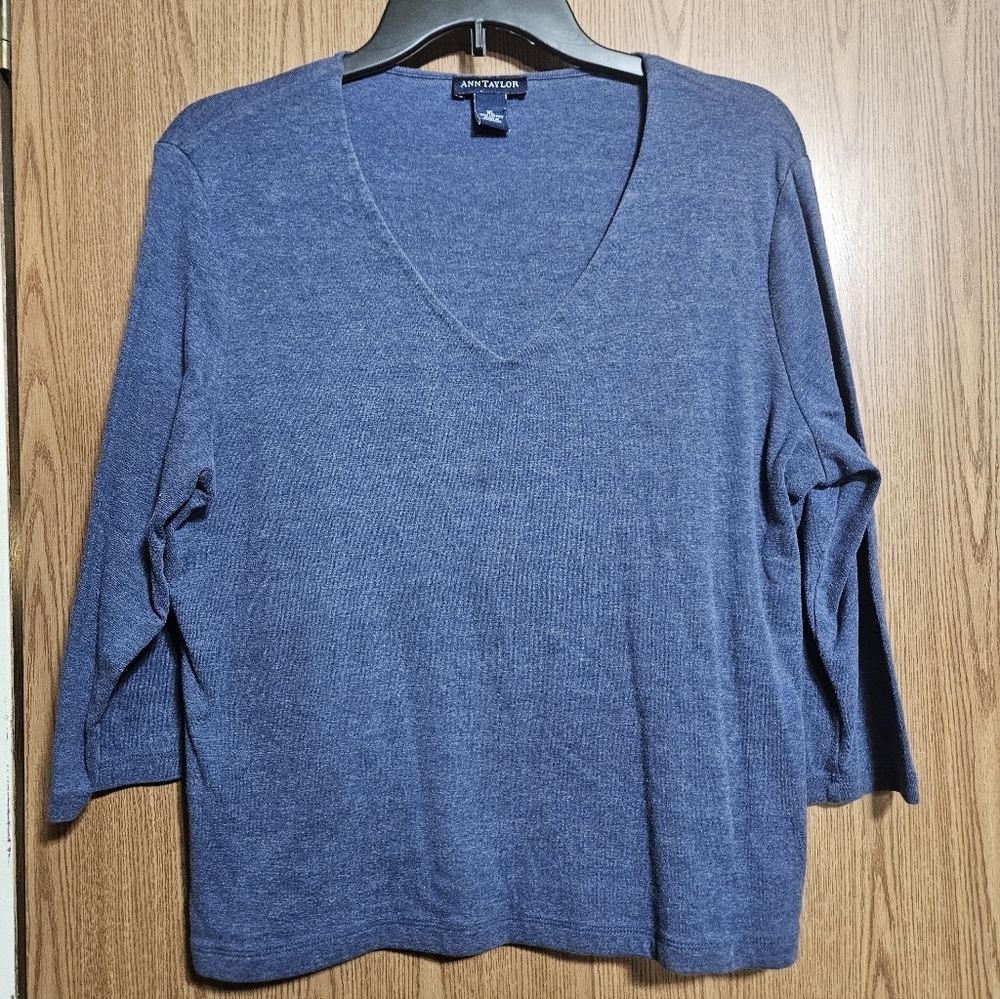 Vintage Ann Taylor V Neck 3/4 Sleeve Navy Shirt Preppy Size XL 100% Cotton